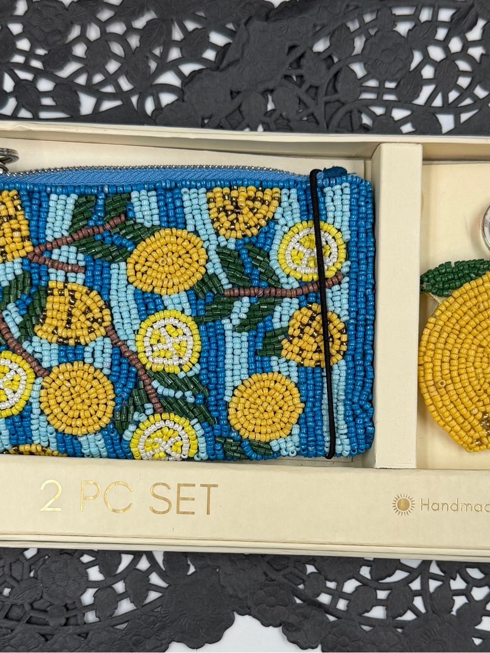 NEW Beaded Lemon Coin Purse Keychain Set Handmade India